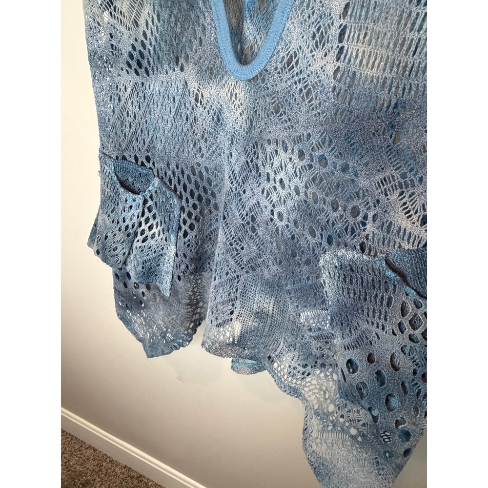 Blue Crochet Lace Sleeveless Vest Boho Coastal Festival Western Sheer Knit Top S - Picture 7 of 7